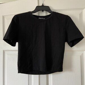 ZARA Womens Medium Black Crop T-Shirt Top Cotton